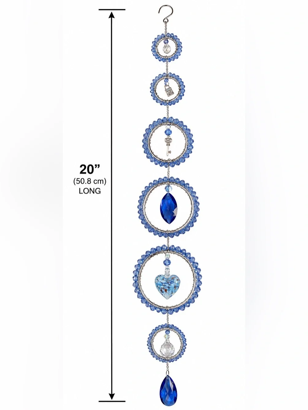 Blue Lock & Key Glass Heart Crystal Beaded Sun Catcher